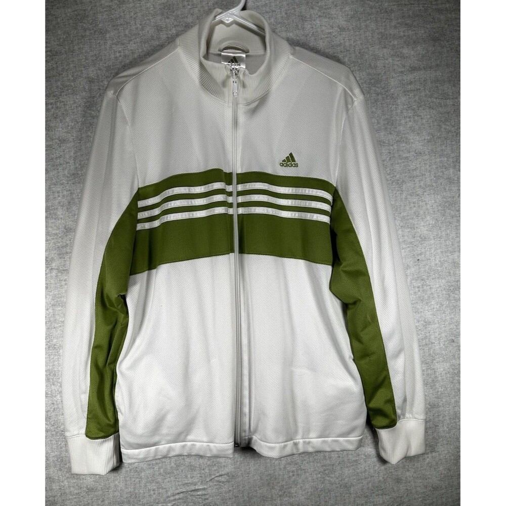 Adidas Womens Track Jacket 3 Stripe Green White Full Zip Pockets Lined Sz XLarge